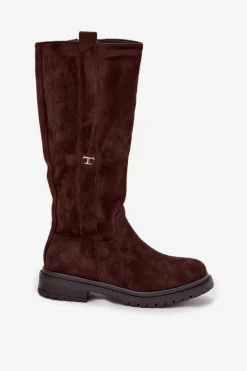 New Kozaki Damskie Ocieplane Na płaskim Obcasie Eko Zamszowe Czekoladowe Delyssa Damskie Kozaki Ocieplane|Kozaki Płaskie