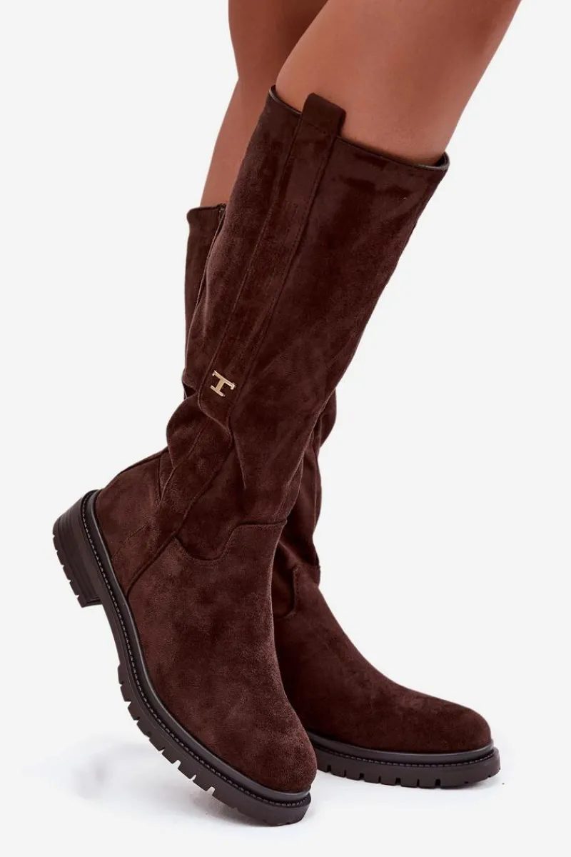 New Kozaki Damskie Ocieplane Na płaskim Obcasie Eko Zamszowe Czekoladowe Delyssa Damskie Kozaki Ocieplane|Kozaki Płaskie