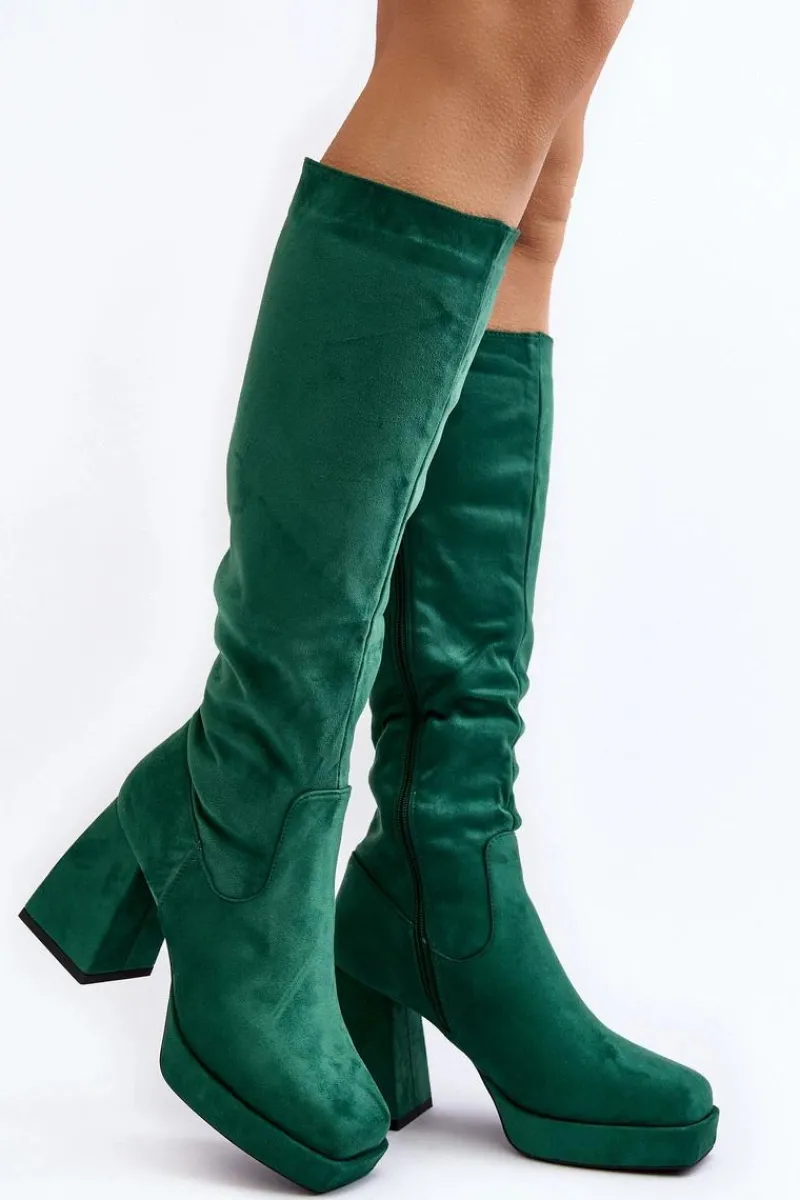 Hot Kozaki Damskie Ocieplane Na Masywnym Obcasie Zielone Layala Damskie Kozaki Przed Kolano|Kozaki Na Obcasie