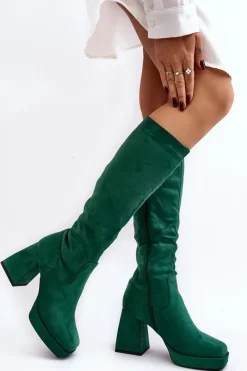 Hot Kozaki Damskie Ocieplane Na Masywnym Obcasie Zielone Layala Damskie Kozaki Przed Kolano|Kozaki Na Obcasie
