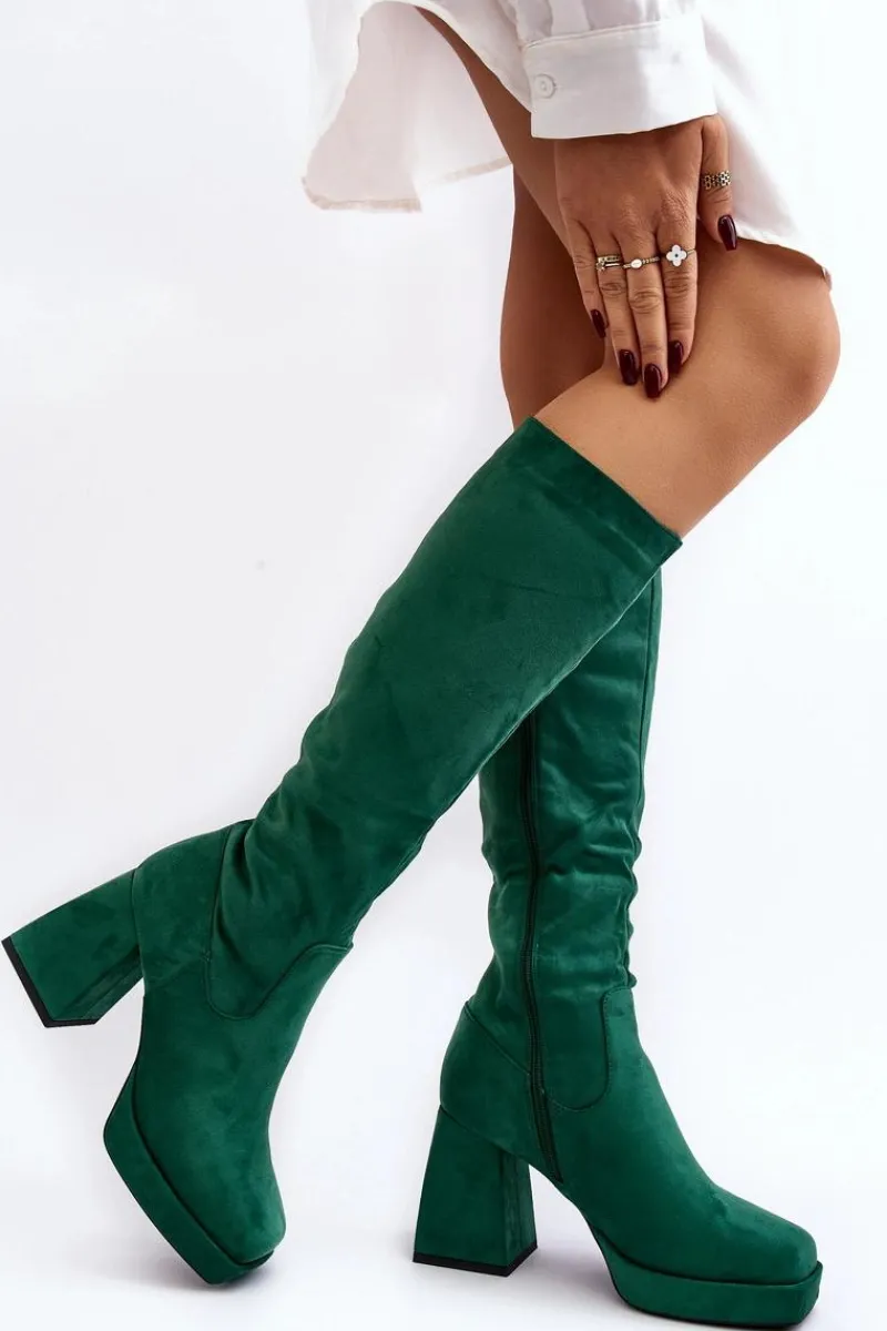 Hot Kozaki Damskie Ocieplane Na Masywnym Obcasie Zielone Layala Damskie Kozaki Przed Kolano|Kozaki Na Obcasie