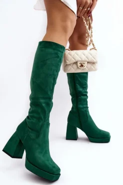 Hot Kozaki Damskie Ocieplane Na Masywnym Obcasie Zielone Layala Damskie Kozaki Przed Kolano|Kozaki Na Obcasie