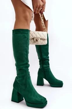 Hot Kozaki Damskie Ocieplane Na Masywnym Obcasie Zielone Layala Damskie Kozaki Przed Kolano|Kozaki Na Obcasie