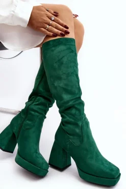 Hot Kozaki Damskie Ocieplane Na Masywnym Obcasie Zielone Layala Damskie Kozaki Przed Kolano|Kozaki Na Obcasie