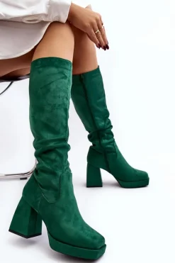 Hot Kozaki Damskie Ocieplane Na Masywnym Obcasie Zielone Layala Damskie Kozaki Przed Kolano|Kozaki Na Obcasie