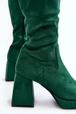 Hot Kozaki Damskie Ocieplane Na Masywnym Obcasie Zielone Layala Damskie Kozaki Przed Kolano|Kozaki Na Obcasie