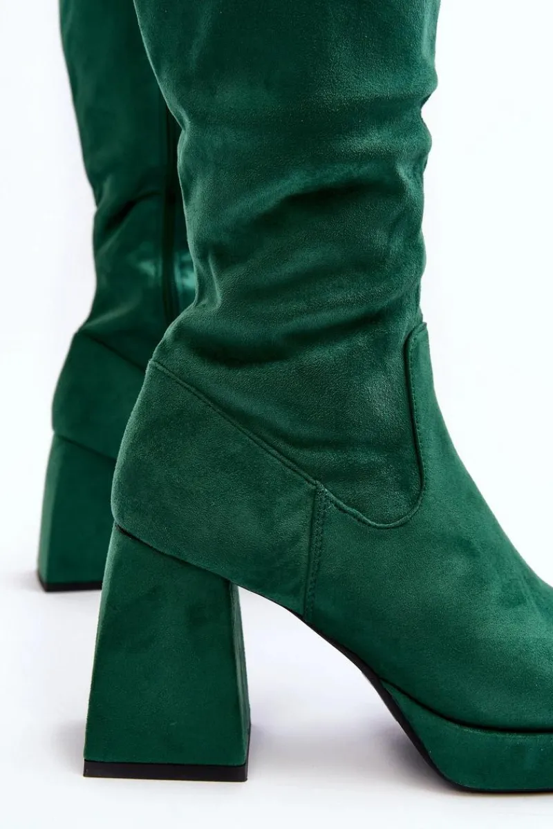 Hot Kozaki Damskie Ocieplane Na Masywnym Obcasie Zielone Layala Damskie Kozaki Przed Kolano|Kozaki Na Obcasie