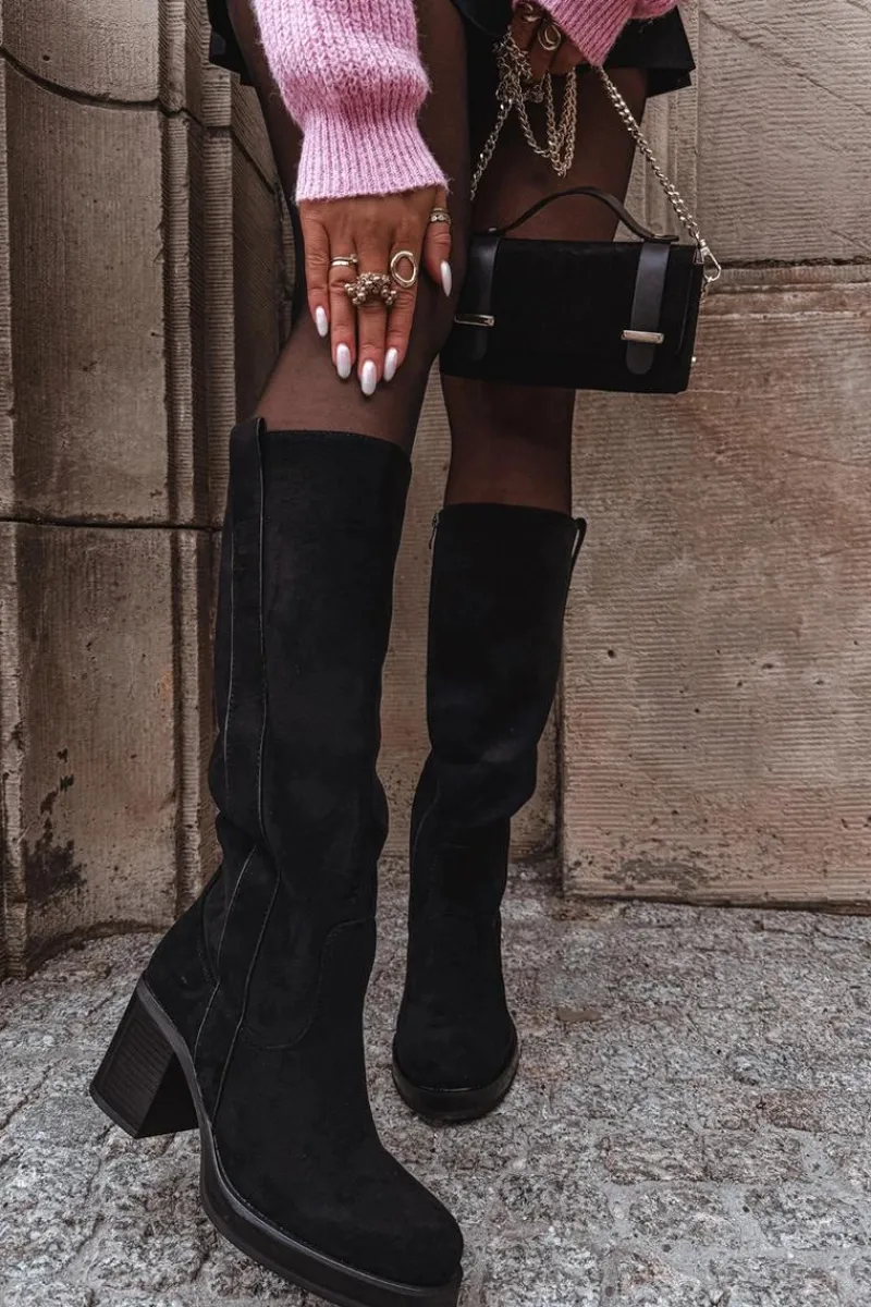 Best Boto Kozaki Damskie Ocieplane Na Masywnym Słupku Czarne Sanelle Czarny