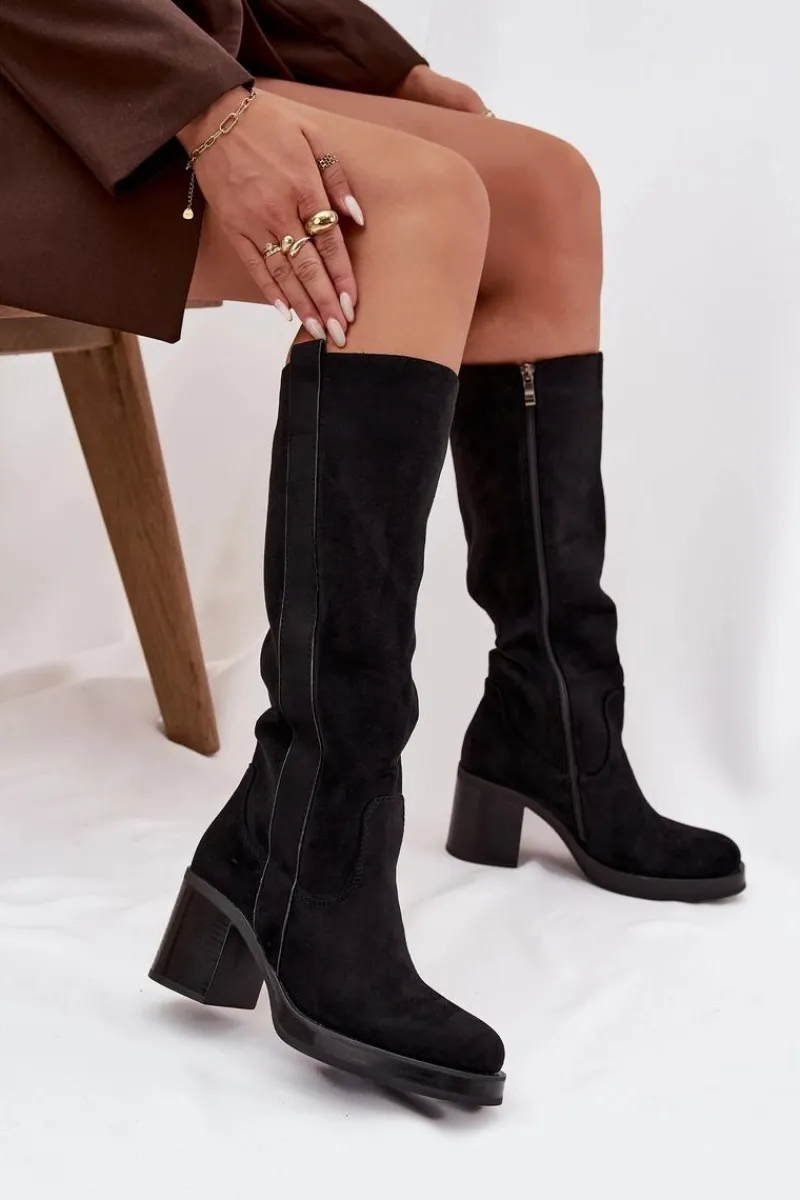 Best Boto Kozaki Damskie Ocieplane Na Masywnym Słupku Czarne Sanelle Czarny