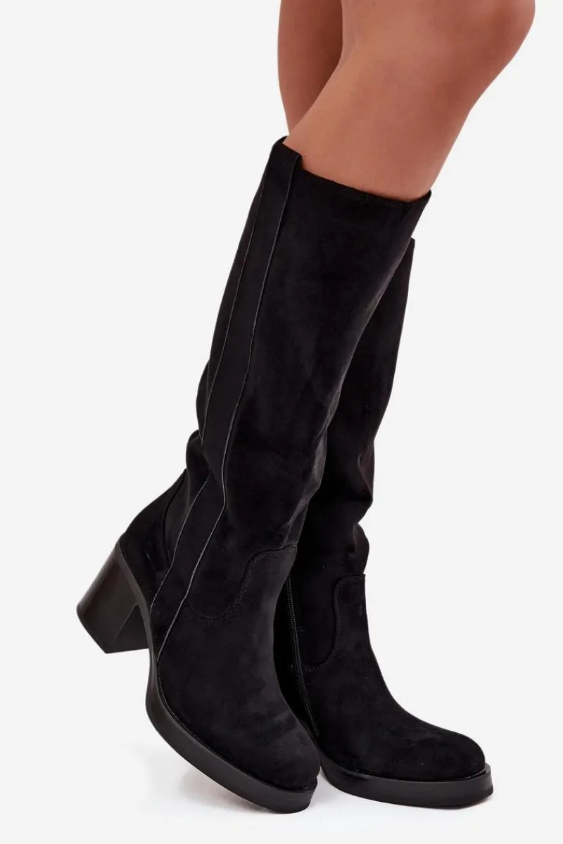 Best Boto Kozaki Damskie Ocieplane Na Masywnym Słupku Czarne Sanelle Czarny