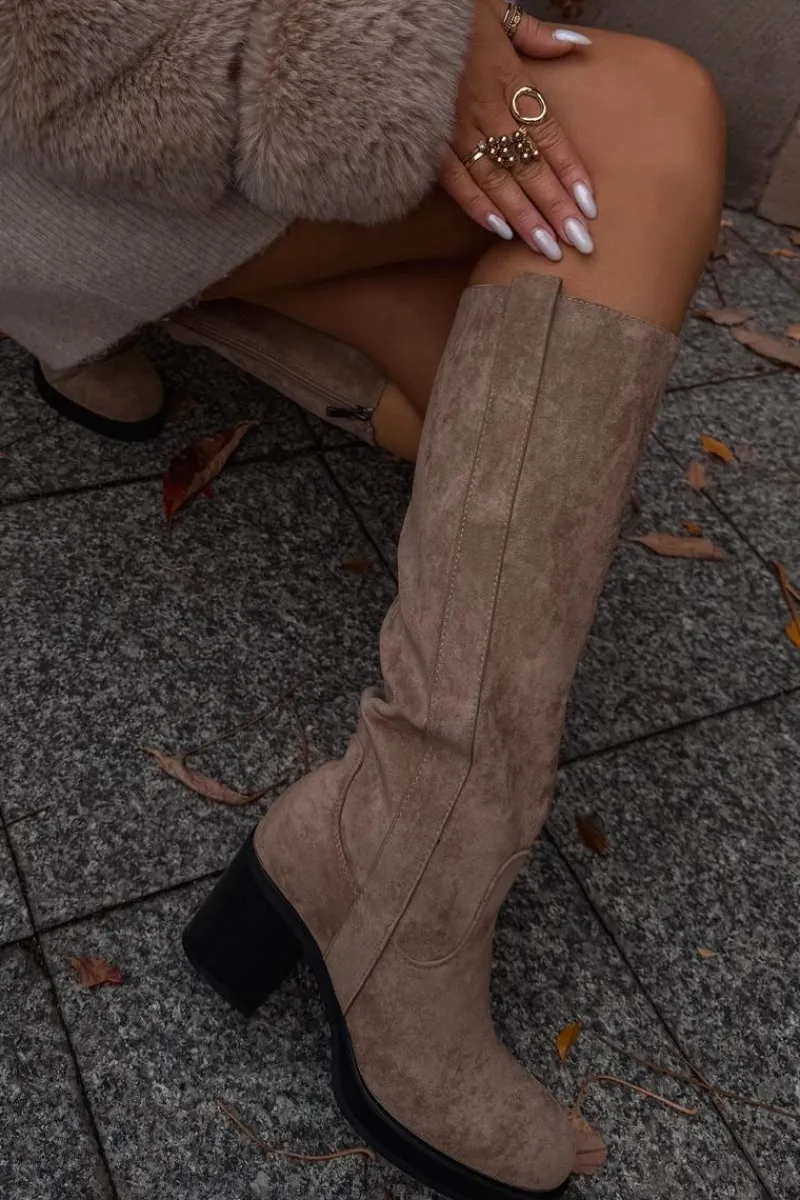 Kozaki Ocieplane|Kozaki Na Słupku>Boto Kozaki Damskie Ocieplane Na Masywnym Słupku Beżowe Sanelle Beżowy