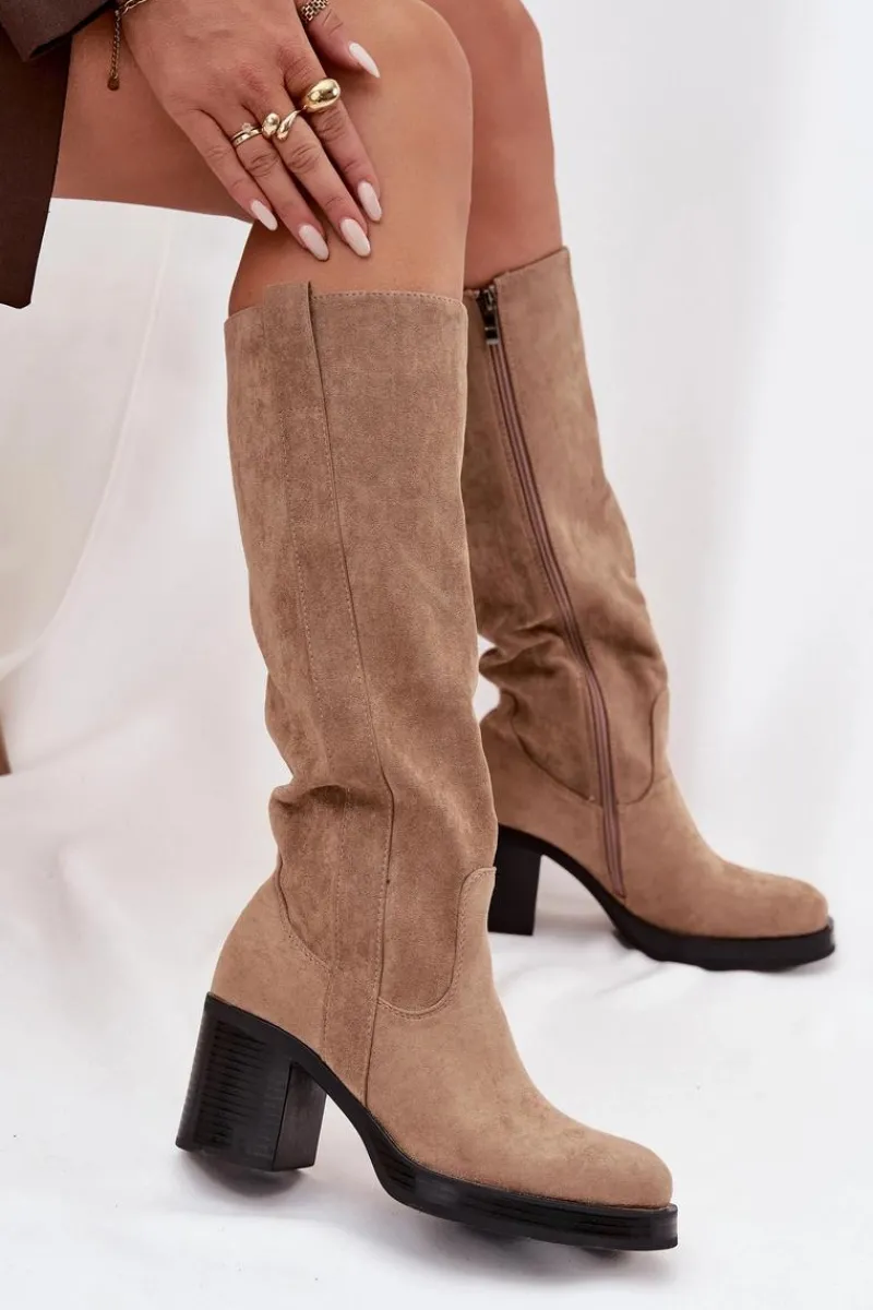 Kozaki Ocieplane|Kozaki Na Słupku>Boto Kozaki Damskie Ocieplane Na Masywnym Słupku Beżowe Sanelle Beżowy