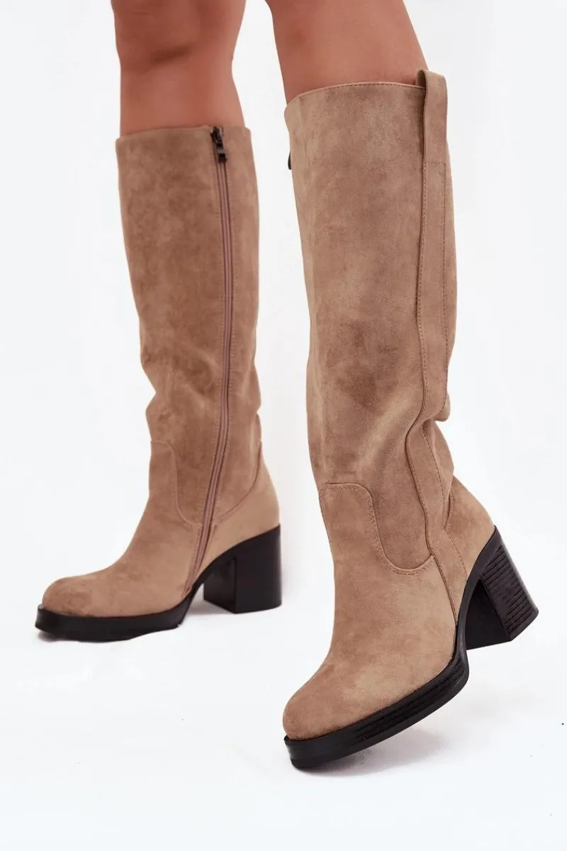 Kozaki Ocieplane|Kozaki Na Słupku>Boto Kozaki Damskie Ocieplane Na Masywnym Słupku Beżowe Sanelle Beżowy