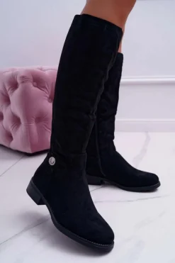 Discount Boto Kozaki Damskie Płaskie Do Kolan Czarne Xomea