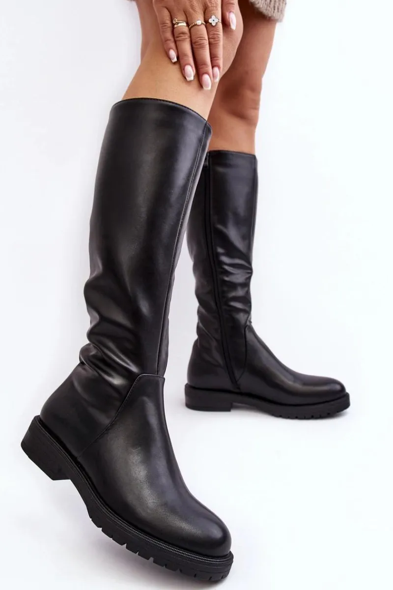 Kozaki Płaskie|Kozaki Przed Kolano>Buty Sergio Leone Kozaki Damskie Płaskie Przed Kolano Ocieplane Czarne Saraseini