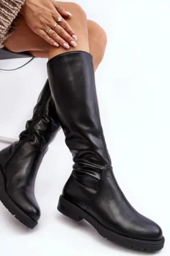 Kozaki Płaskie|Kozaki Przed Kolano>Buty Sergio Leone Kozaki Damskie Płaskie Przed Kolano Ocieplane Czarne Saraseini