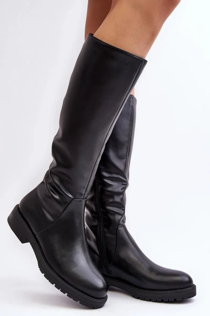 Kozaki Płaskie|Kozaki Przed Kolano>Buty Sergio Leone Kozaki Damskie Płaskie Przed Kolano Ocieplane Czarne Saraseini