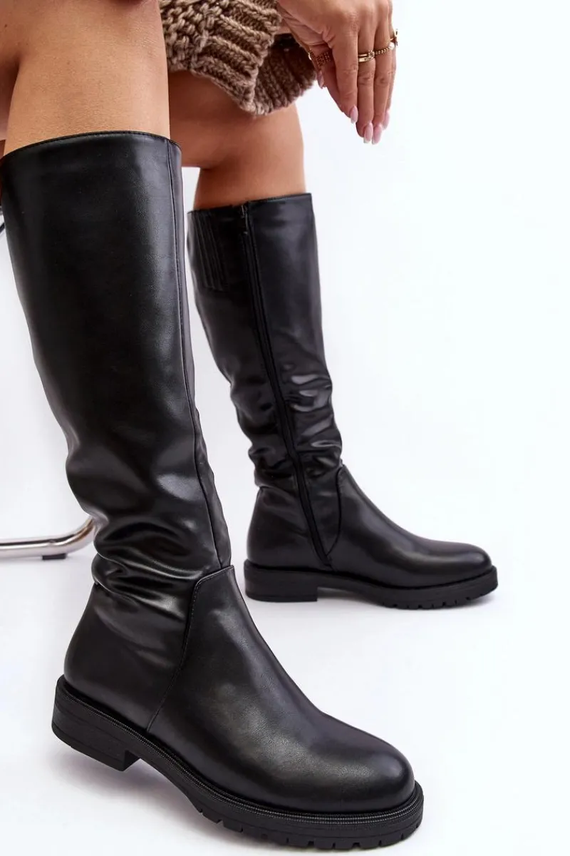 Kozaki Płaskie|Kozaki Przed Kolano>Buty Sergio Leone Kozaki Damskie Płaskie Przed Kolano Ocieplane Czarne Saraseini