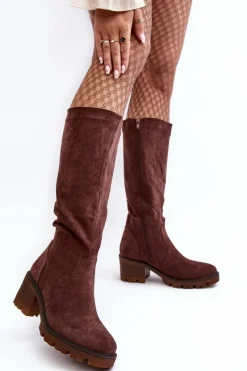 Discount Kozaki Damskie Przed Kolano Na Niskim Obcasie Ciemnobrązowe Beveta Damskie Kozaki Przed Kolano|Kozaki Na Obcasie