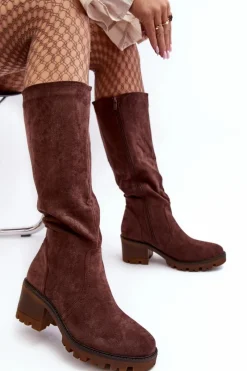 Discount Kozaki Damskie Przed Kolano Na Niskim Obcasie Ciemnobrązowe Beveta Damskie Kozaki Przed Kolano|Kozaki Na Obcasie