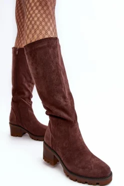 Discount Kozaki Damskie Przed Kolano Na Niskim Obcasie Ciemnobrązowe Beveta Damskie Kozaki Przed Kolano|Kozaki Na Obcasie