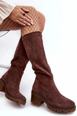 Discount Kozaki Damskie Przed Kolano Na Niskim Obcasie Ciemnobrązowe Beveta Damskie Kozaki Przed Kolano|Kozaki Na Obcasie