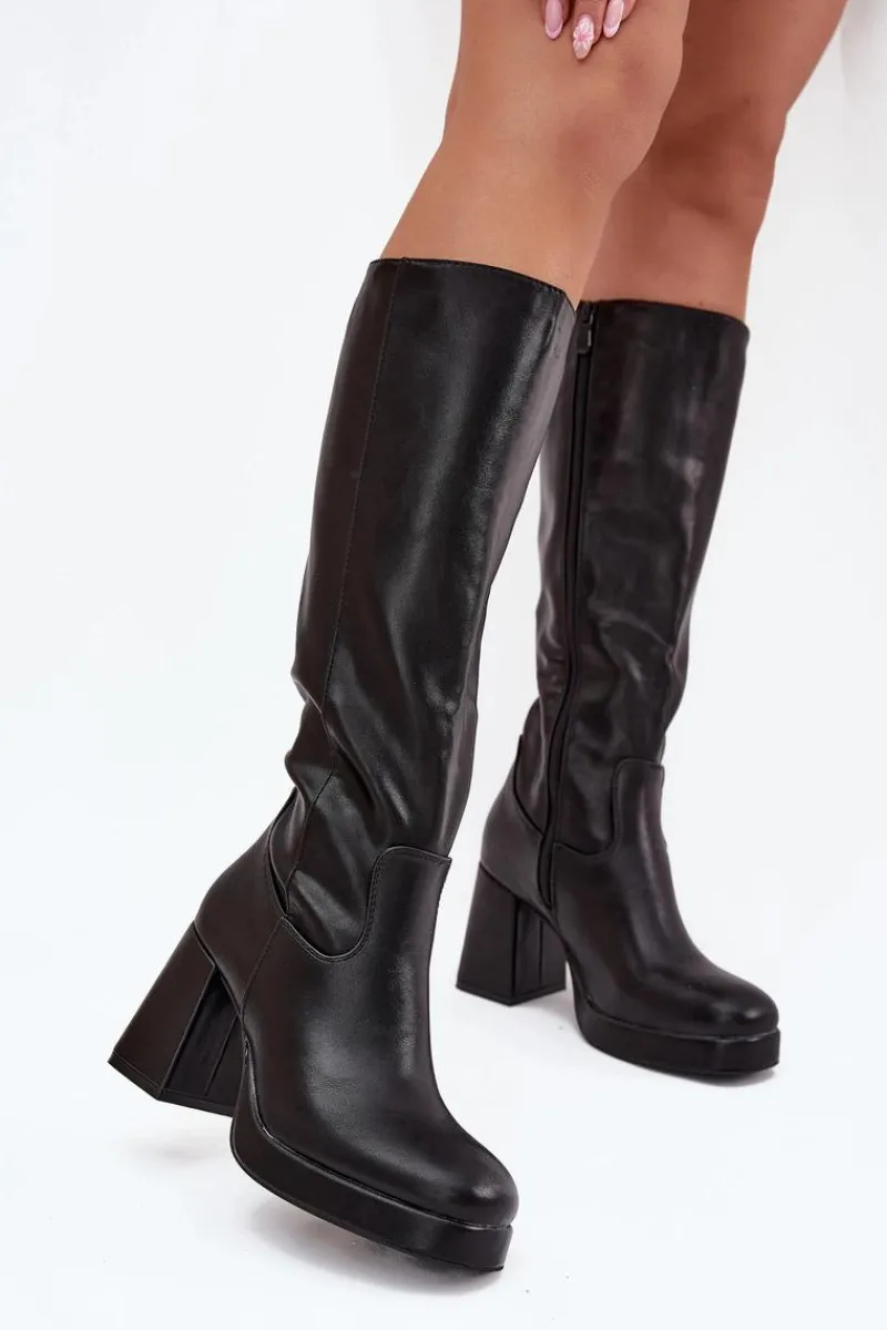 Clearance Boto Kozaki Damskie Przed Kolano Na Zamek Obcas Słupek Czarne Selvia Czarny