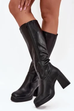 Clearance Boto Kozaki Damskie Przed Kolano Na Zamek Obcas Słupek Czarne Selvia Czarny