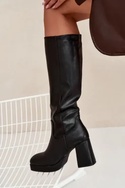 Clearance Boto Kozaki Damskie Przed Kolano Na Zamek Obcas Słupek Czarne Selvia Czarny