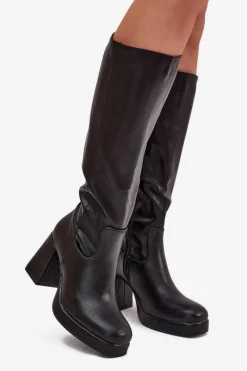 Clearance Boto Kozaki Damskie Przed Kolano Na Zamek Obcas Słupek Czarne Selvia Czarny