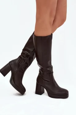 Outlet Kozaki Damskie Przed Kolano Na Zamek Obcas Słupek Czekoladowe Selvia Damskie Kozaki Ocieplane|Kozaki Na Słupku