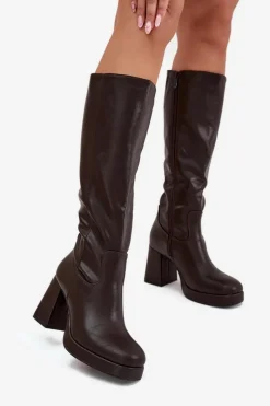 Outlet Kozaki Damskie Przed Kolano Na Zamek Obcas Słupek Czekoladowe Selvia Damskie Kozaki Ocieplane|Kozaki Na Słupku