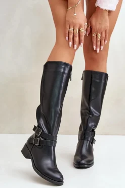 Hot Kozaki Damskie Przed Kolano Na Płaskim Obcasie Z Klamrami Czarne Lotina Damskie Kozaki Przed Kolano|Kozaki Na Obcasie