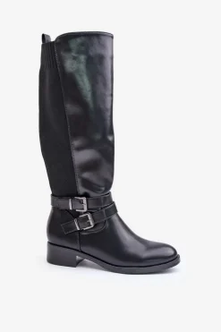 Hot Kozaki Damskie Przed Kolano Na Płaskim Obcasie Z Klamrami Czarne Lotina Damskie Kozaki Przed Kolano|Kozaki Na Obcasie