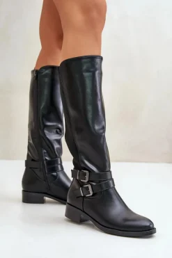 Hot Kozaki Damskie Przed Kolano Na Płaskim Obcasie Z Klamrami Czarne Lotina Damskie Kozaki Przed Kolano|Kozaki Na Obcasie