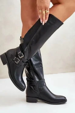 Hot Kozaki Damskie Przed Kolano Na Płaskim Obcasie Z Klamrami Czarne Lotina Damskie Kozaki Przed Kolano|Kozaki Na Obcasie