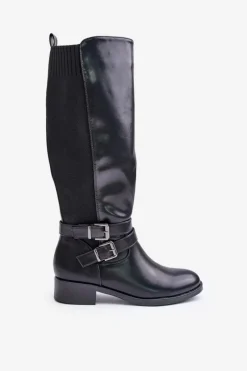 Hot Kozaki Damskie Przed Kolano Na Płaskim Obcasie Z Klamrami Czarne Lotina Damskie Kozaki Przed Kolano|Kozaki Na Obcasie