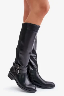 Hot Kozaki Damskie Przed Kolano Na Płaskim Obcasie Z Klamrami Czarne Lotina Damskie Kozaki Przed Kolano|Kozaki Na Obcasie