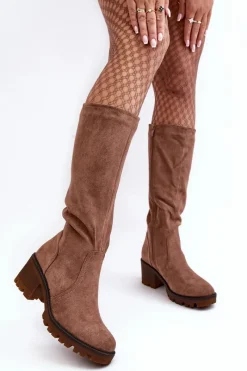 Sale Boto Kozaki Damskie Przed Kolano Na Niskim Obcasie Brązowe Beveta Brązowy