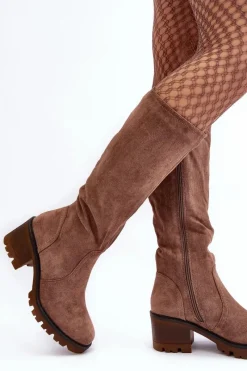 Sale Boto Kozaki Damskie Przed Kolano Na Niskim Obcasie Brązowe Beveta Brązowy