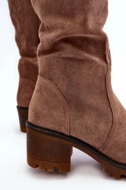 Sale Boto Kozaki Damskie Przed Kolano Na Niskim Obcasie Brązowe Beveta Brązowy