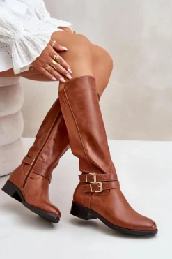 Online Kozaki Damskie Przed Kolano Na Płaskim Obcasie Z Klamrami Camel Lotina Damskie Kozaki Przed Kolano|Kozaki Na Obcasie