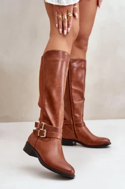 Online Kozaki Damskie Przed Kolano Na Płaskim Obcasie Z Klamrami Camel Lotina Damskie Kozaki Przed Kolano|Kozaki Na Obcasie