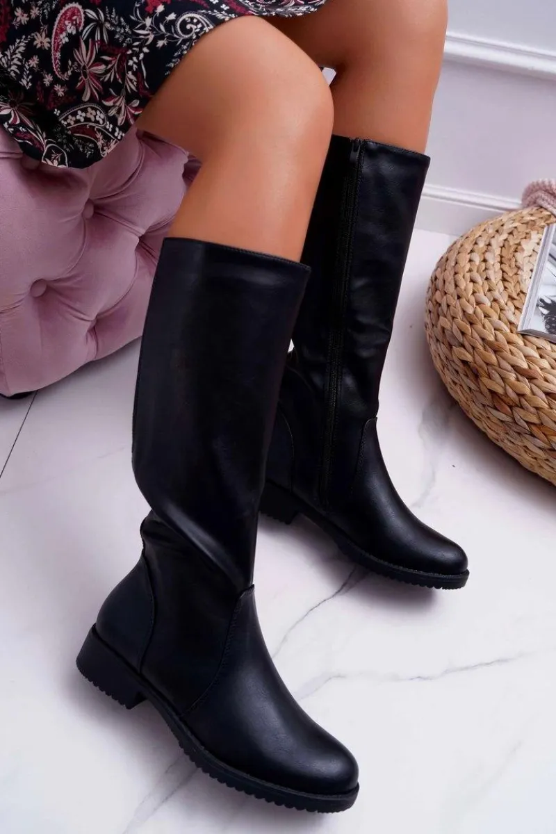 Kozaki Płaskie>Buty Sergio Leone Kozaki Damskie Sergio Leone Z Gumką w Cholewce Ocieplane Czarne KZ528