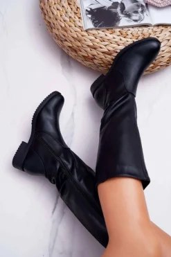 Kozaki Płaskie>Buty Sergio Leone Kozaki Damskie Sergio Leone Z Gumką w Cholewce Ocieplane Czarne KZ528