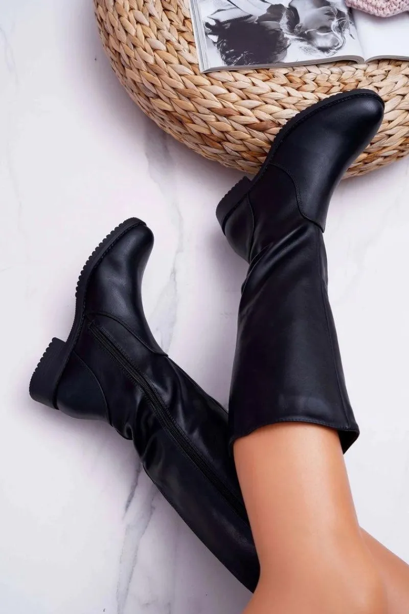 Kozaki Płaskie>Buty Sergio Leone Kozaki Damskie Sergio Leone Z Gumką w Cholewce Ocieplane Czarne KZ528