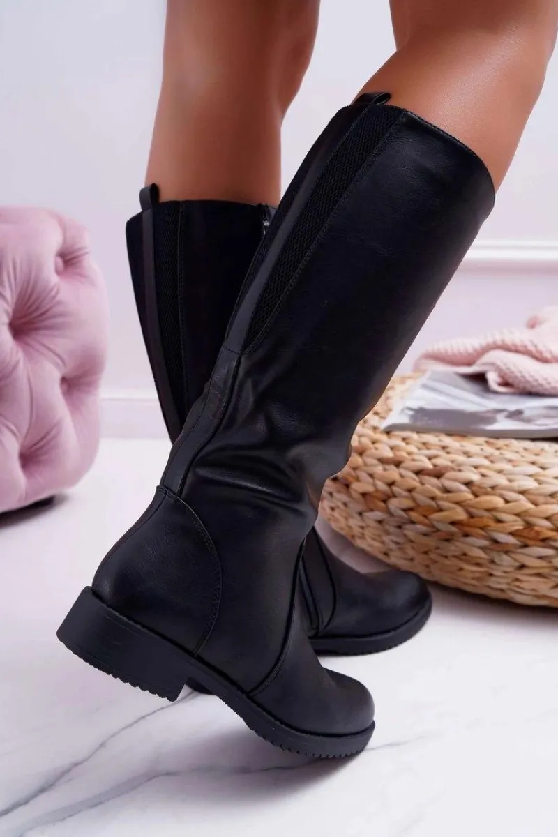 Kozaki Płaskie>Buty Sergio Leone Kozaki Damskie Sergio Leone Z Gumką w Cholewce Ocieplane Czarne KZ528