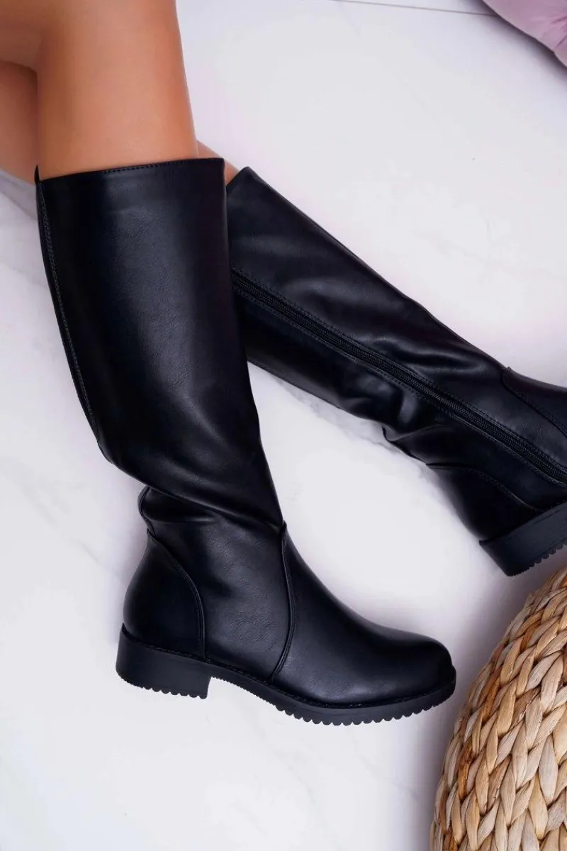 Kozaki Płaskie>Buty Sergio Leone Kozaki Damskie Sergio Leone Z Gumką w Cholewce Ocieplane Czarne KZ528