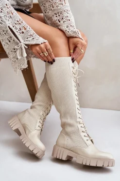 Sale Boto Kozaki Damskie Skarpetkowe Sznurowane Na Płaskim Obcasie Beżowe Vamisha