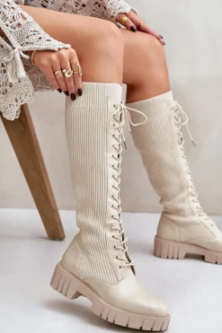 Sale Boto Kozaki Damskie Skarpetkowe Sznurowane Na Płaskim Obcasie Beżowe Vamisha